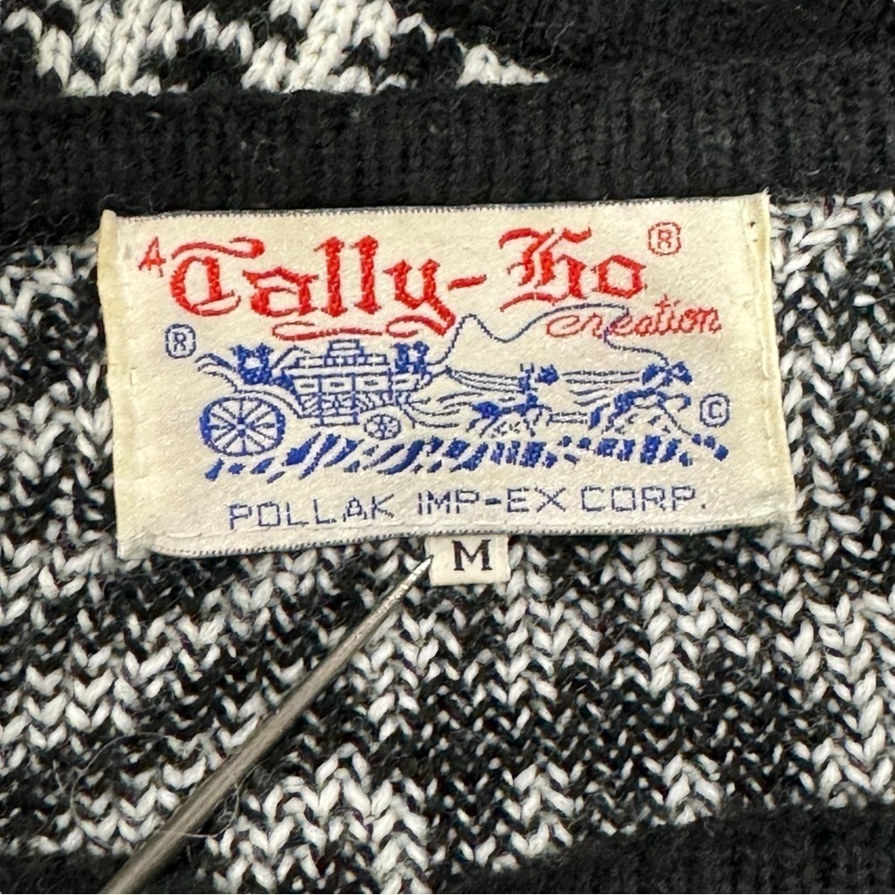 Vintage Tally Ho Boxy Cardigan Sweater Black White Houndstooth Chevron Buttons M - Picture 6 of 7